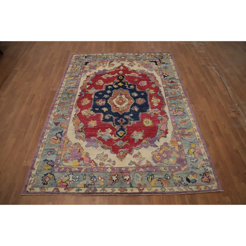 Hand Knotted Oriental 100% Wool Carpet Transitional Medallion Red Oushak Area Rug - 6' 11'' X 5' 1''