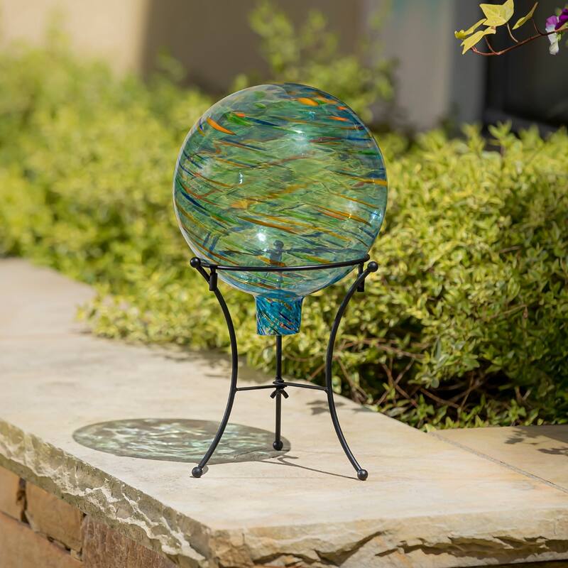 10" Art Glass Aqua Confetti Gazing Ball with Stand
