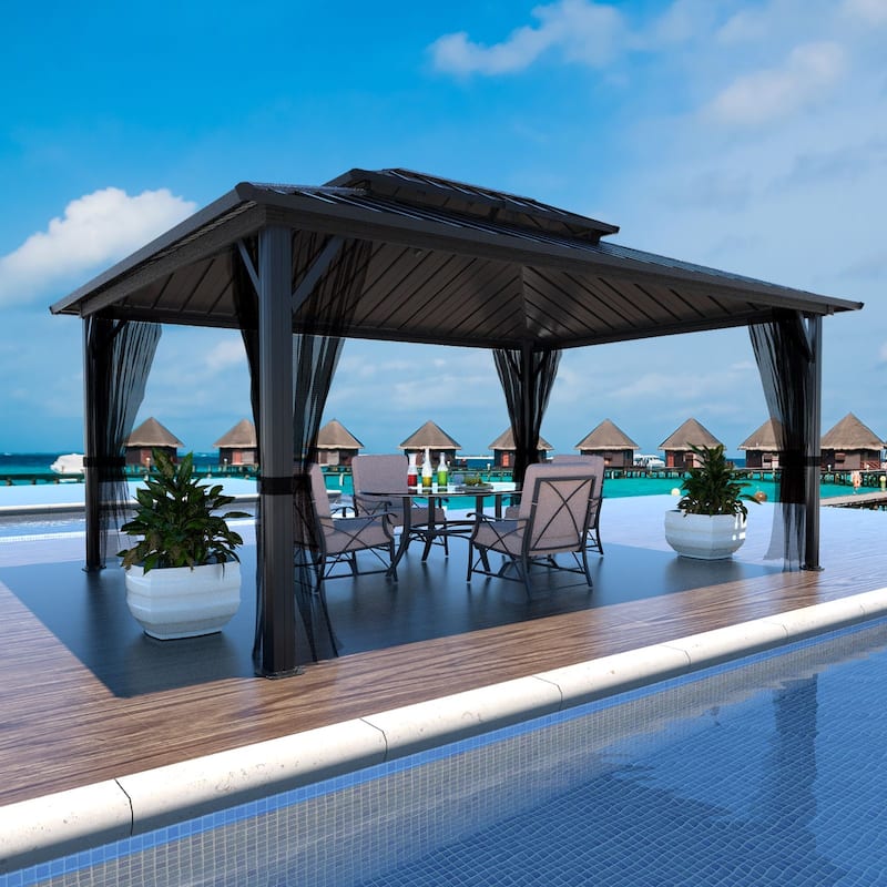 VEIKOUS Aluminum Double Hardtop Gazebo Pergola for Patio, Lawn, and Garden with Removable Netting - 12×14