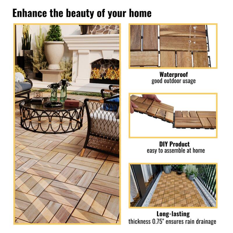 10 PCS Interlocking Deck Tiles Checker Pattern, 12" x 12" Square Acacia Hardwood Outdoor Flooring for Patio,Bancony,Pool Side
