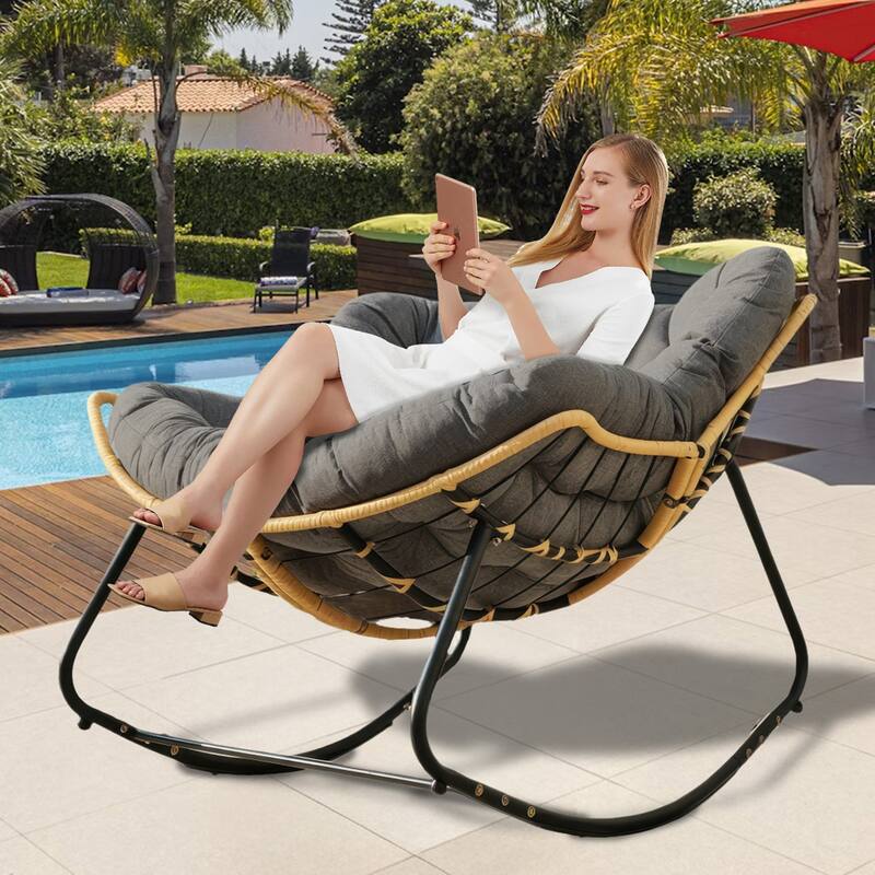 Ultra-Plush Rattan Rocking Chair with Anti-Tip Design for Indoor and Outdoor