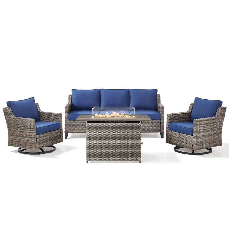 Pocassy Outdoor Swivel Chair with Sofa with Fire Pit Table