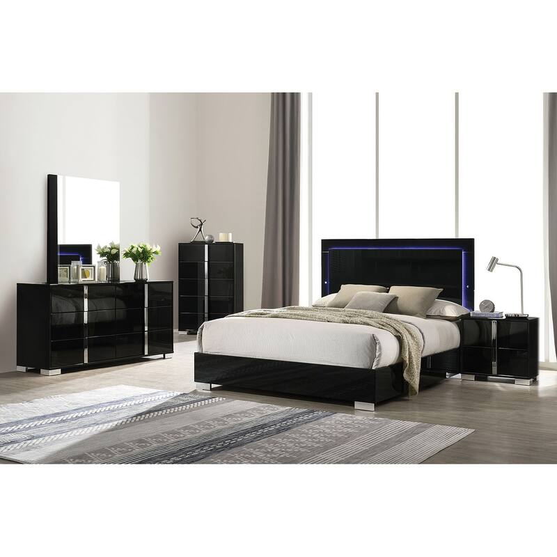 King Size Piano LED Platform Bed with Chrome Accents and Vertical Handles and UV Finish Headboard