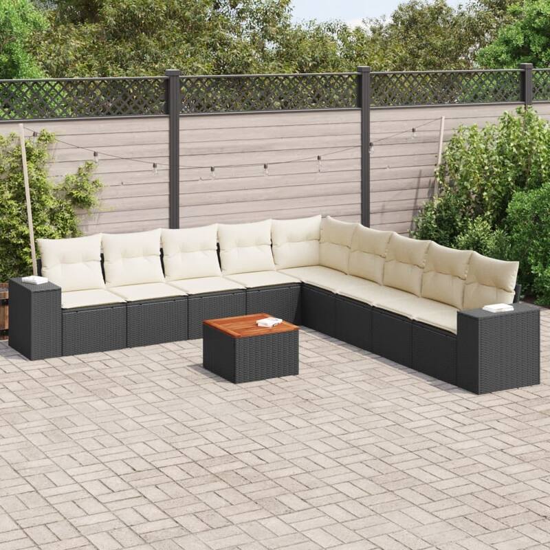 vidaXL Patio Sofa Set with Cushions Outdoor Furniture 10 Piece Poly Rattan - 21.7 x 21.7 x 14.6 - Black and cream 10 Piece Set