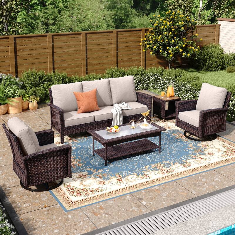 MAISON ARTS 7-Piece Extra-Large Patio Wicker Sofa Conversation Set with Table, Oversize Seat with 5.5'' Thick Padded Cushion - 5 Seats + 47'' Table + 17'' Rattan Table - Beige