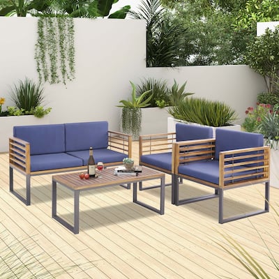 4pcs Patio Acacia Wood Chair Table Loveseat Cushioned Furniture Set