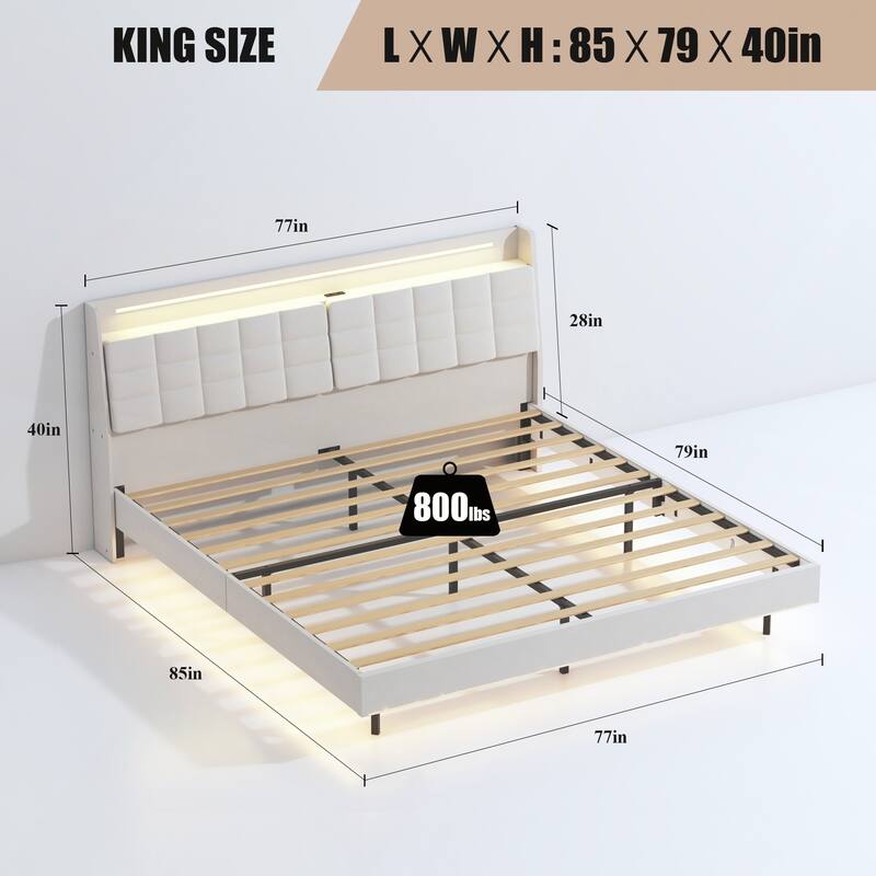 Floating Bed Frame with LED Light and Charging Station