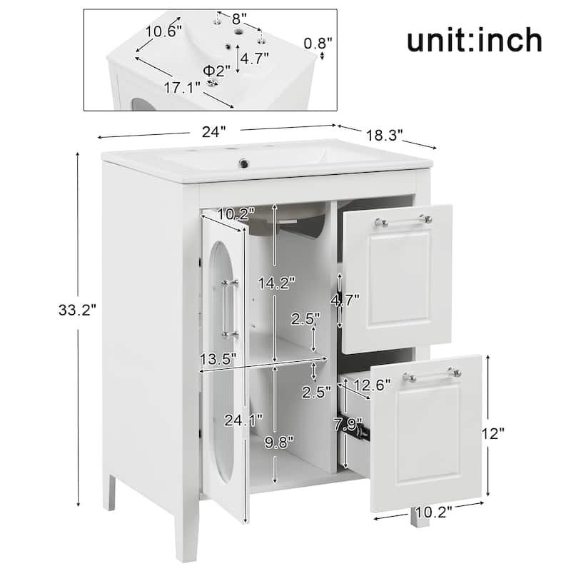 24" Bathroom Vanity with Sink, Bathroom Vanity Cabinet with 2 Drawers and Door