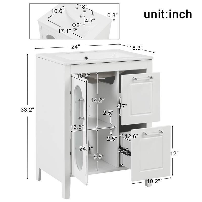 Freestanding Vanity for Bathroom with Ceramic Sink, Glass Cabinet Door, Drawers, Acrylic Bar Handles and Adjustable Shelf