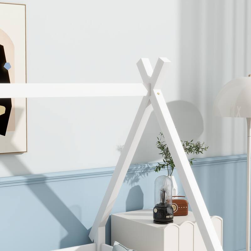 White Twin Tent-shaped Floor Bed with Guardrails, Slats and Door - Teepee Design