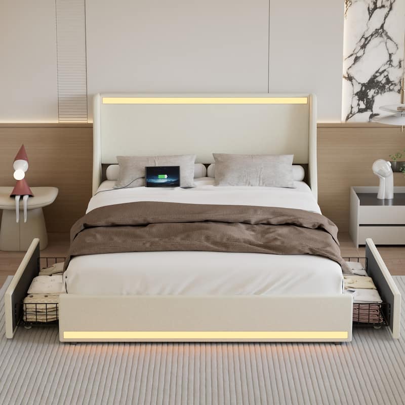 VECELO Modern LED Upholstered Platform Bed Frame with 2 Storage Drawers, USB & Type-C Ports, Full/Queen Size Bed - Beige - Queen
