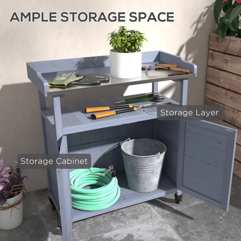 Outsunny Outdoor Potting Bench, Wooden Potting Table with Storage Cabinet, Aluminum Table Top, Rubber Wheels