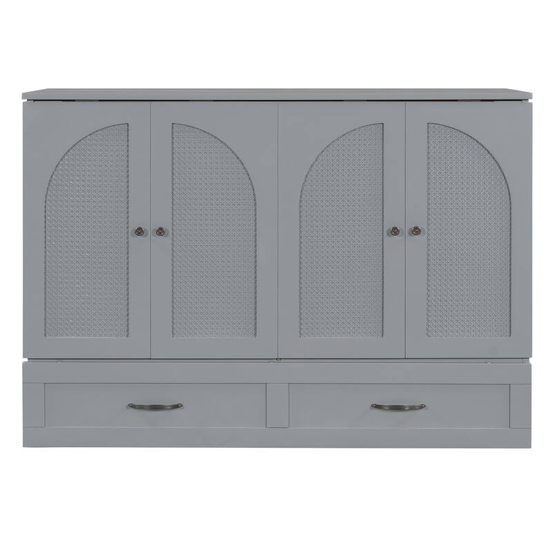 Space-Saving Full Size Murphy Bed with Large Drawers, USB Charging & Rattan Finish