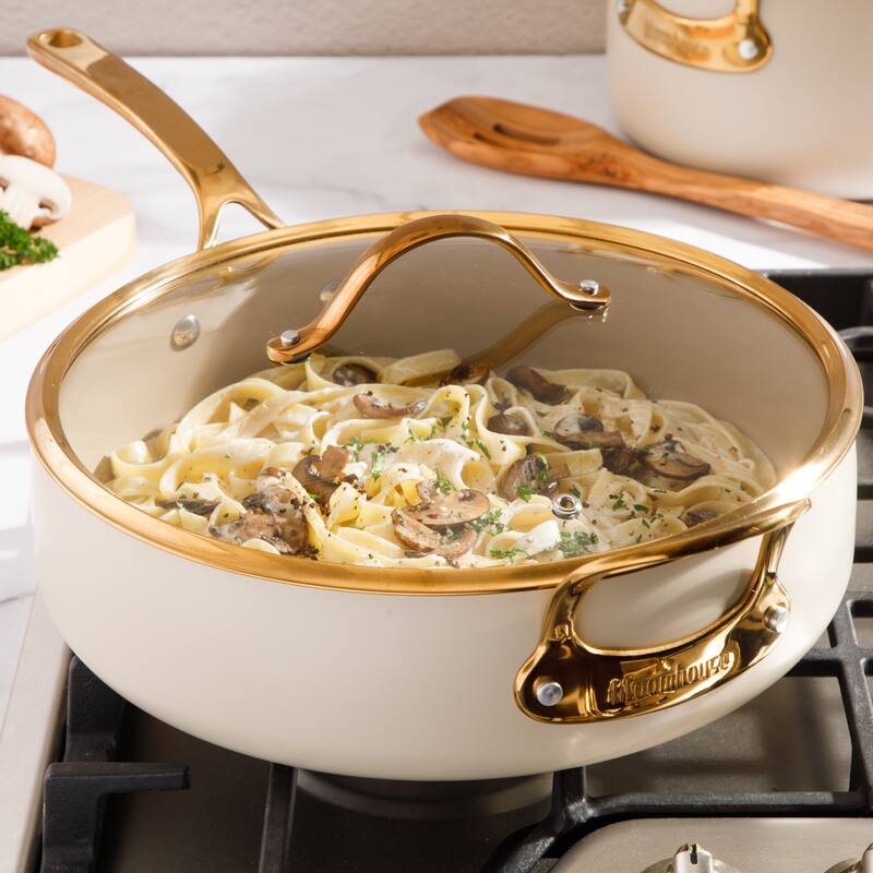 Bloomhouse 6 QT Heavy Duty Aluminum Premium PFA Free Ceramic Nonstick Frying Pan Skillet with Lid - Almond Cream