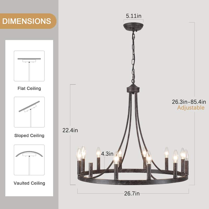 12-light Rustic Farmhouse Wagon Wheel Chandelier Candle Dining Room Lighting - N/A