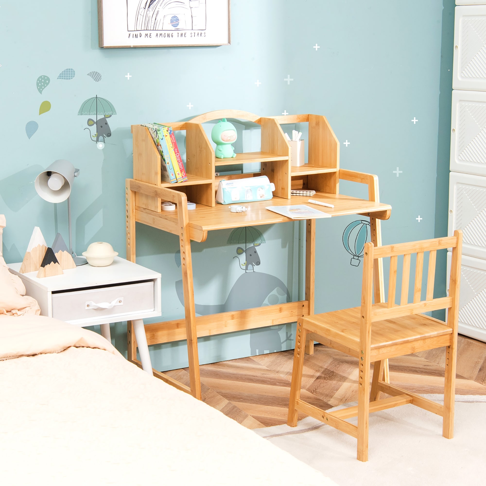 Costway Bamboo Kids Study Desk And Chair Set Height Adjustable