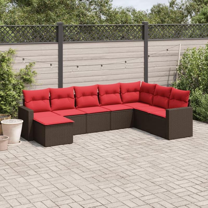 vidaXL Patio Sofa Set with Cushions Outdoor Conversation Furniture Poly Rattan - 25.8" x 24.4" x 27.2" - Brown and red without table