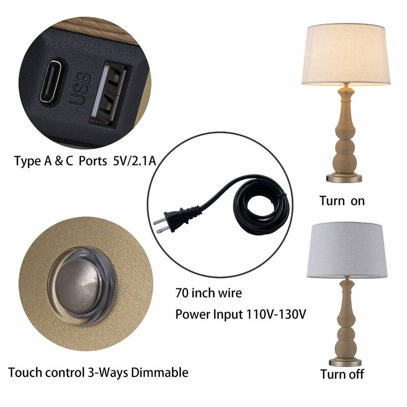 Onda 26" Rattan Table Lamp with USB 3-Way Touch Dimmer