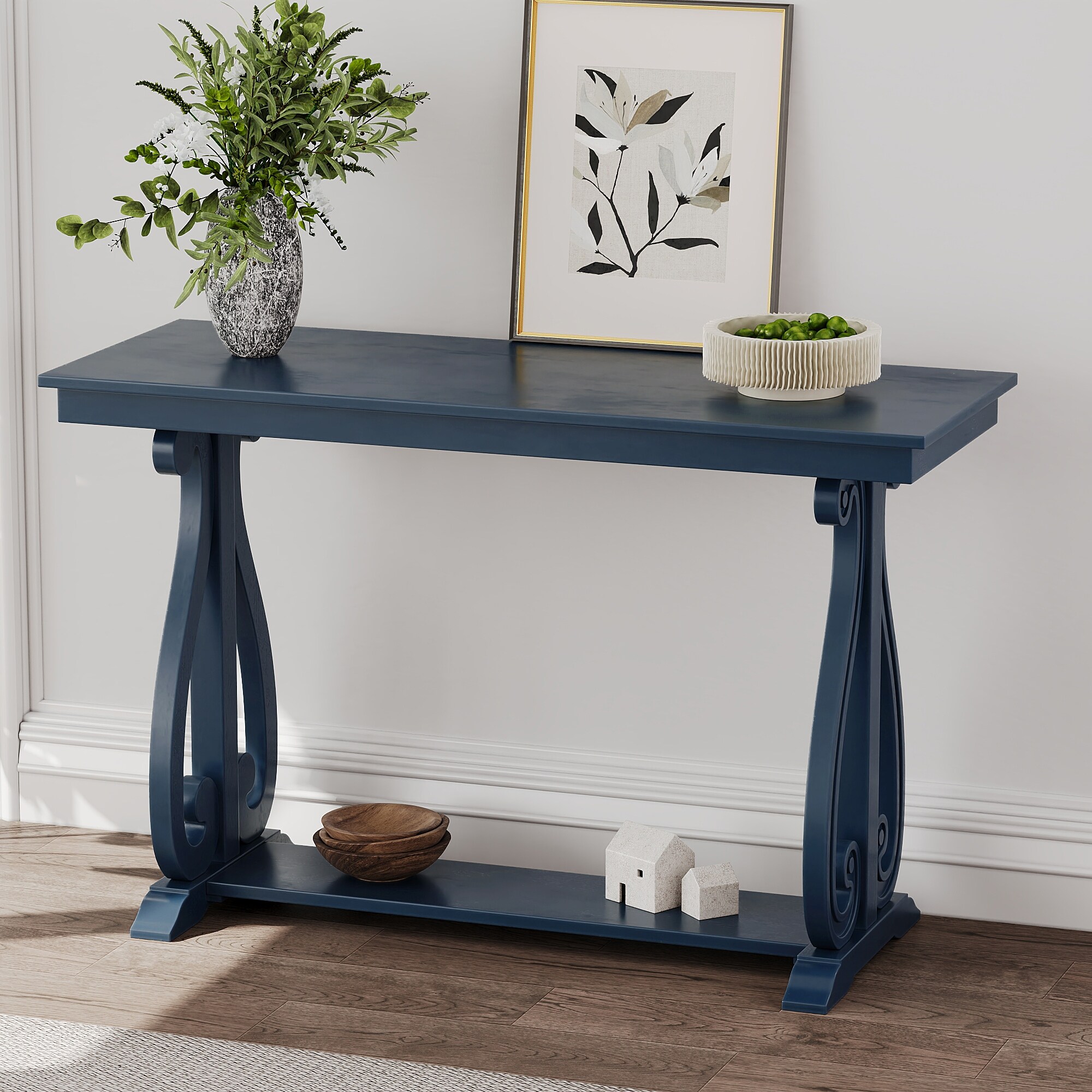 Navy Wood Accent Storage Console Sofa Foyer Table Vintage Entry Table Hallway Table 48 Inch Console Tables for Living Room