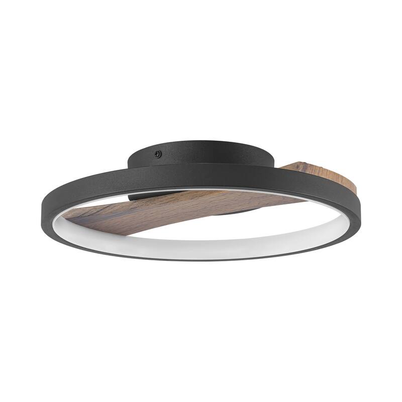 11.8 in. Modern Black Circle Round Wood Integrated LED Semi-Flush Mount Light - 11.8 in. W x 2.5 in. H