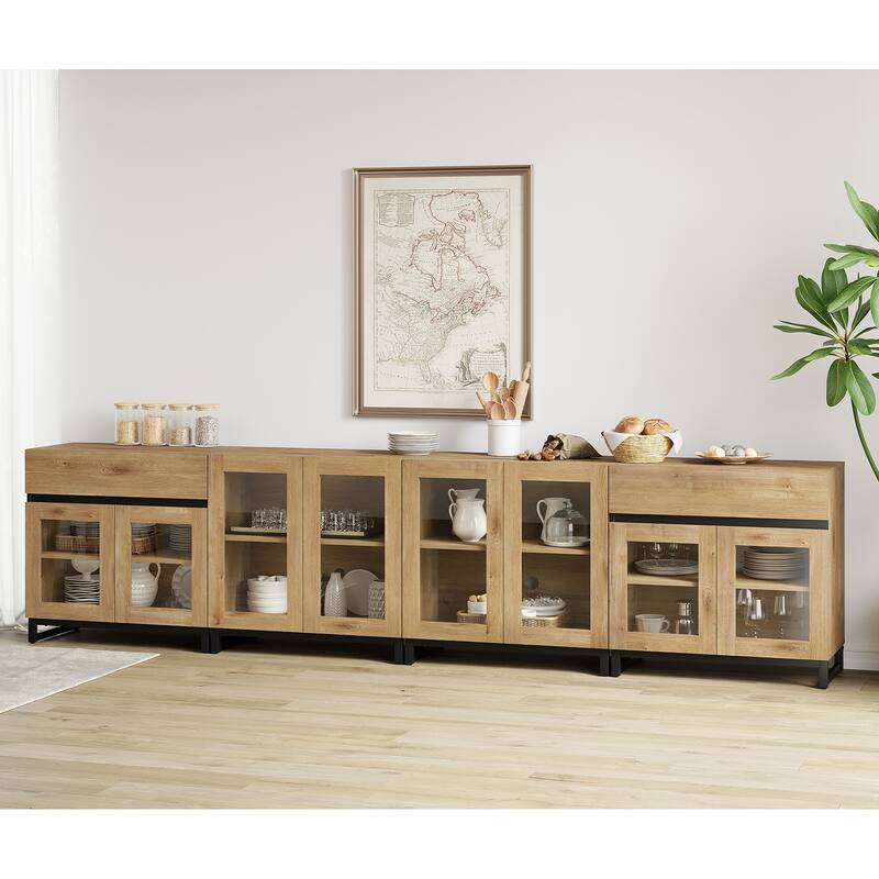 4 in 1 Multifunctional Sideboard Buffet with Glass Doors & 5 Drawers, Modern Credenza with Adjustable Shelf and Metal Base - 126 inches - Oak