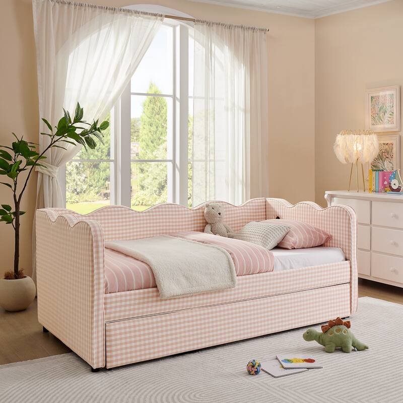 Roomfitters Gingham Daybed with Trundle, Twin Upholstered Sofa Bed with USB Port and Wave Edge Design