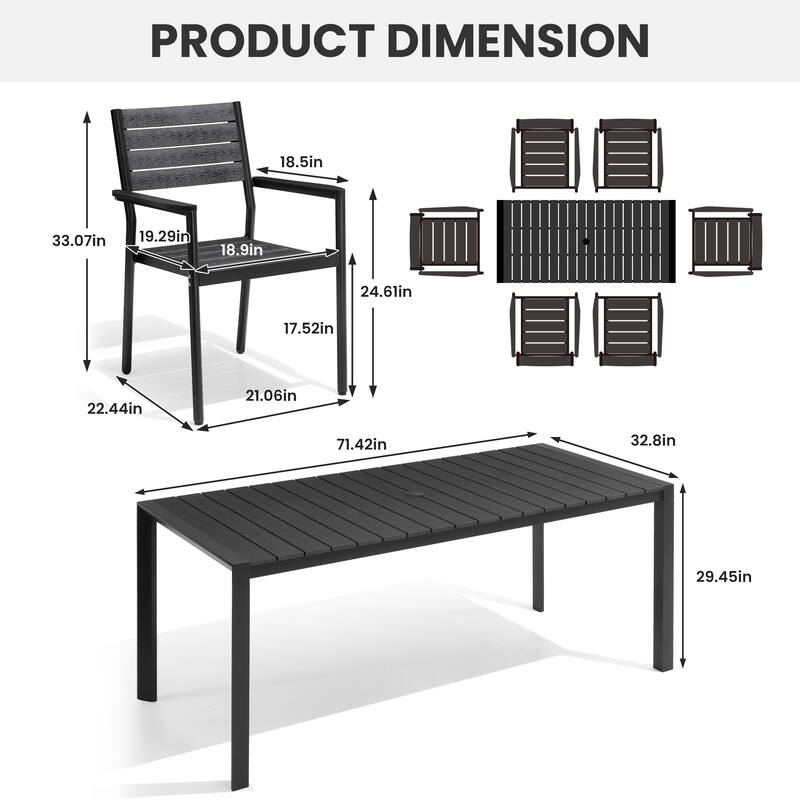 7/9/11-Piece Set Outdoor Aluminum Dining Table with Umbrella Hole and Stackable Dining Chairs