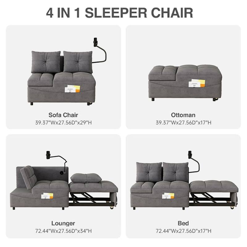 27.56" Velvet 2-Seater Sleeper Chair with USB & Storage