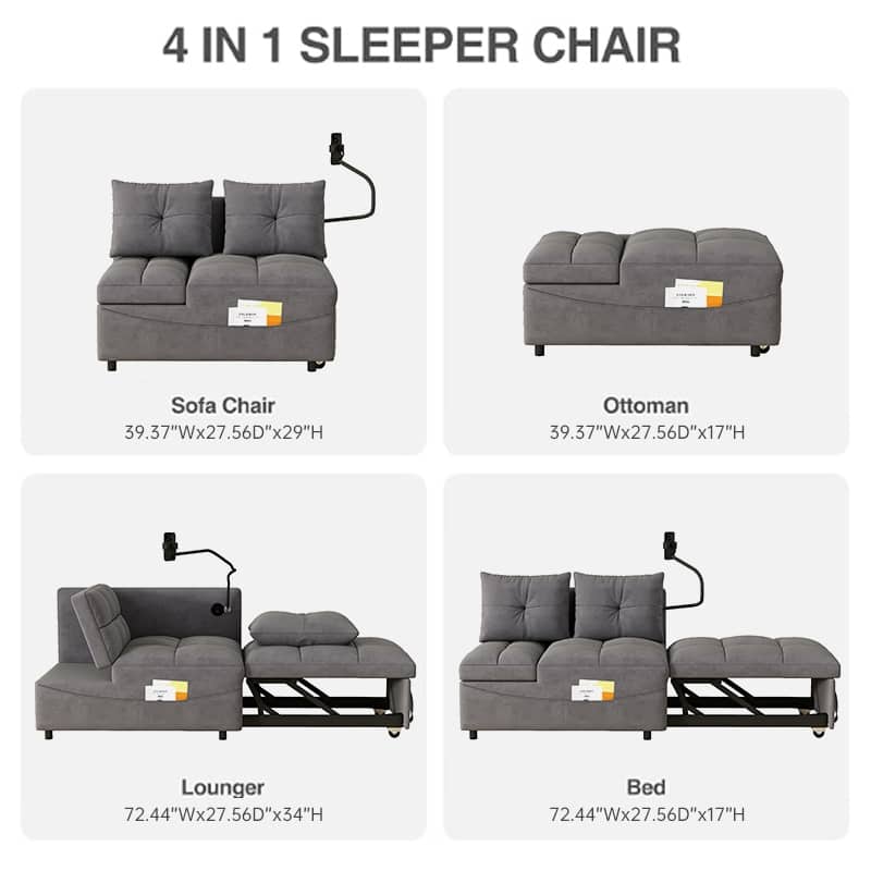 27.56" Velvet 2-Seater Sleeper Sofa Chair with USB Ports, Reclining Angles And Storage