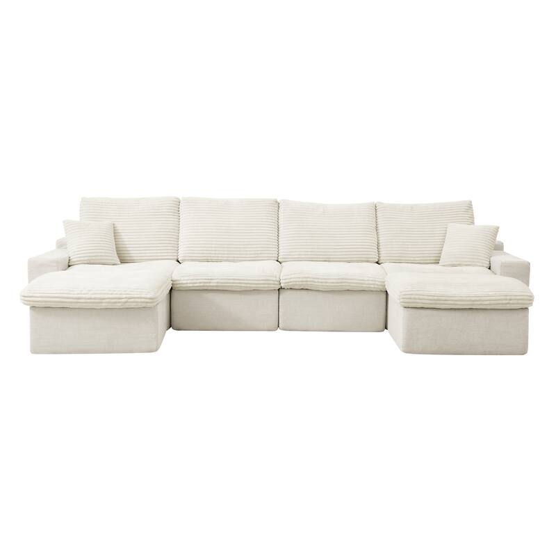 Modular Sleeper Sofa Bed Deep Seat Chenille Couch U-shaped Sectional Sofa with Chaise, Corduroy Cushions and Pillows