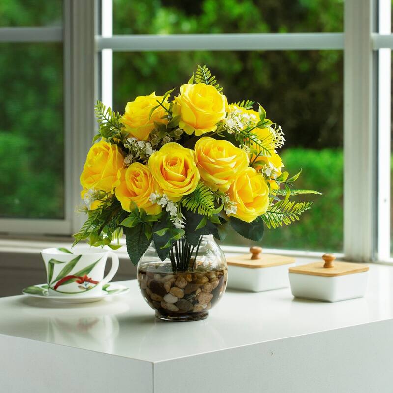 18 Heads Silk Rose Flower in Clear Glass Vase With Faux Water and River Stone for Home Decor, Wedding Table