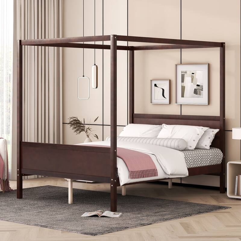 Queen Pine Canopy Platform Bed with Slat Support - Espresso