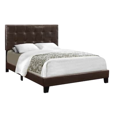 Brown Faux Leather Full Bed Frame with Wood Panel Headboard and Upholstered Design