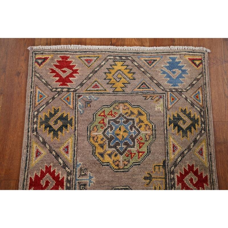 Geometric Brown Kazak Oriental Runner Rug Hand-Knotted Wool Carpet - 1'11" x 5'11"