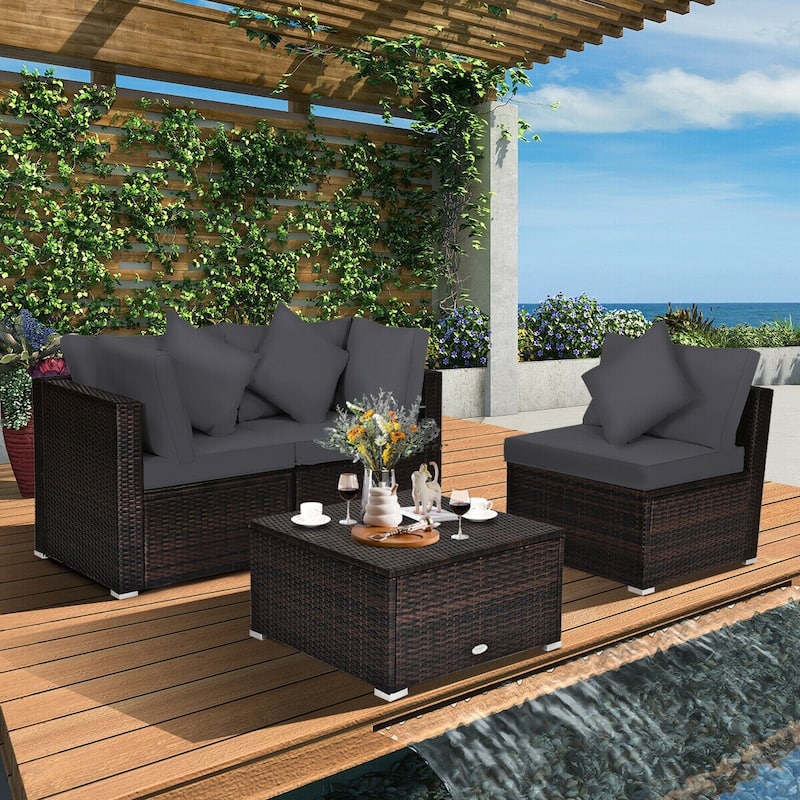 4 Pieces Patio Rattan Furniture Set with Removable Cushions and Pillows - Corner Sofa: 29" x 29" x 25"