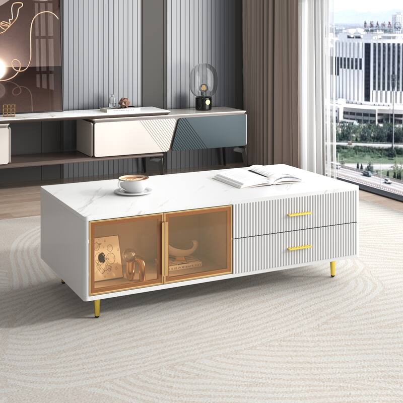 47.2" Modern Coffee Table with 2 Glass Door, 4 Drawers and Multi-Color Lighting