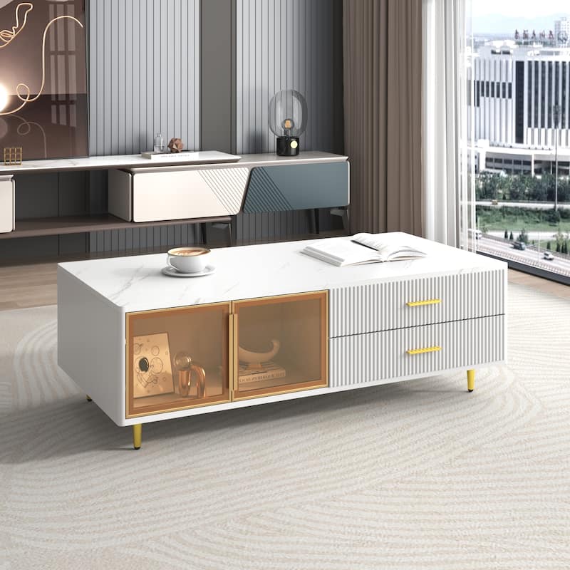 Modern 47.2" Coffee Table with 2 Glass Door Storage, 4 Drawers, Wooden Decorative Cocktail Table with Gold Metal Legs