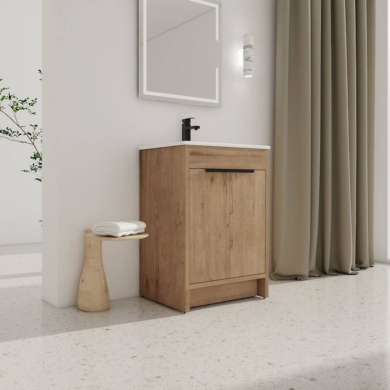 24", 30", 36" Freestanding Bathroom Vanity with White Ceramic Sink & Soft-Close Doors