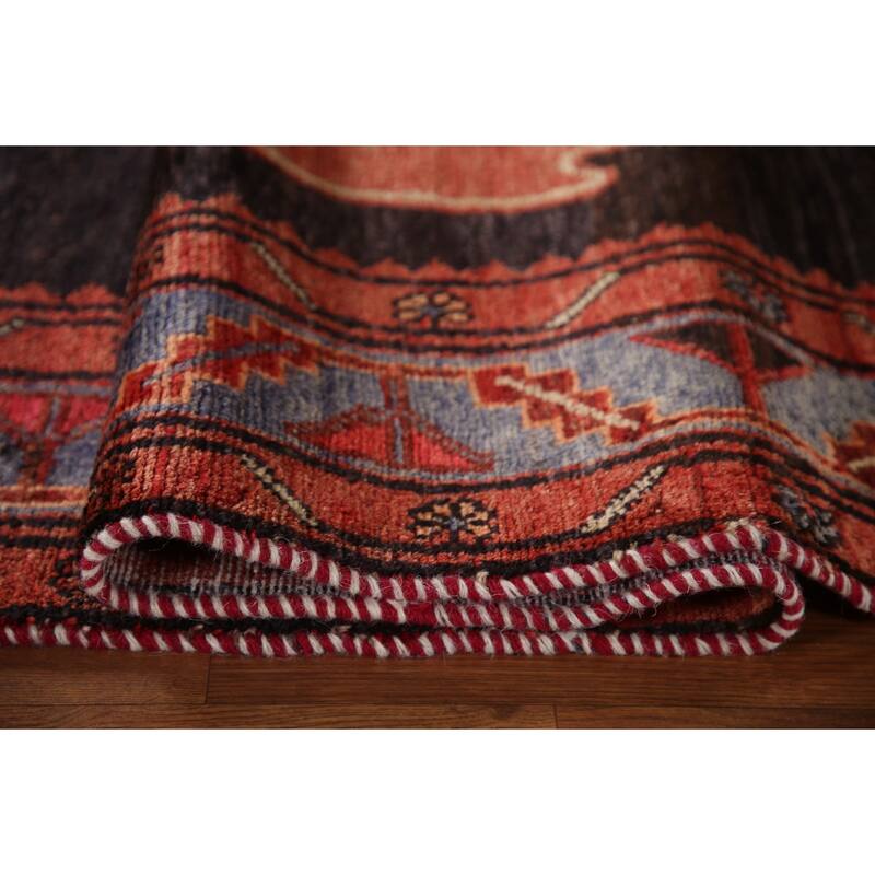Geometric Hamedan Persian Vintage Runner Rug Hand-Knotted Wool Carpet - 3'5"x 9'9"
