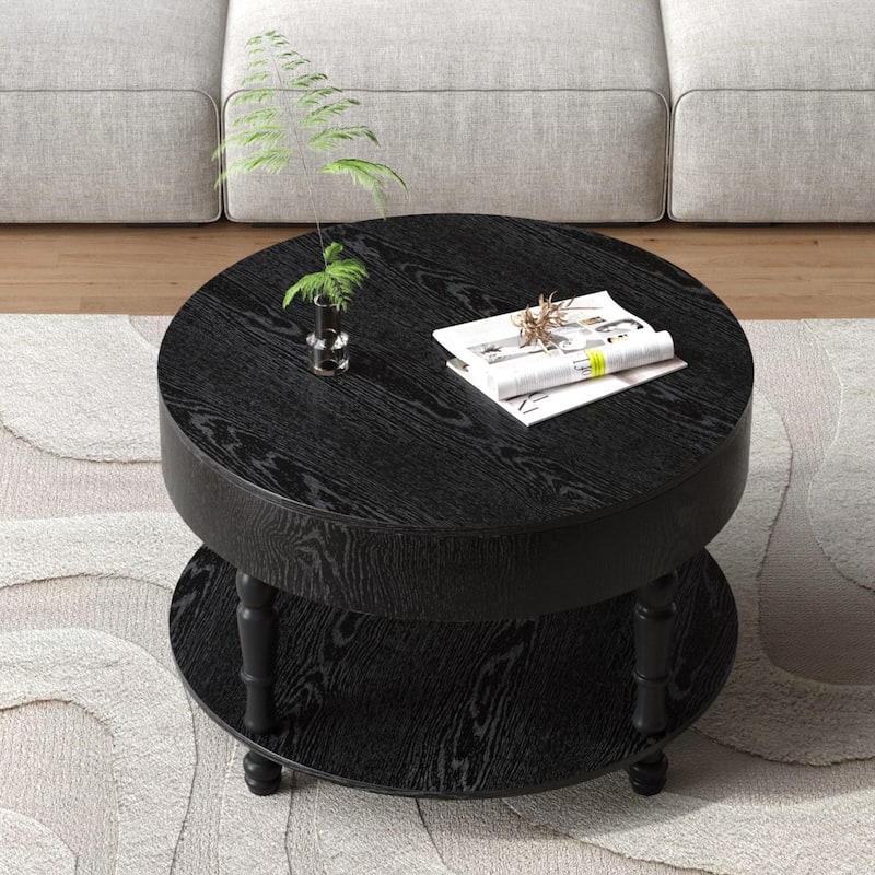 31.5 inch Modern Round Coffee Table Dual Storage Hidden Compartment Black Living Room