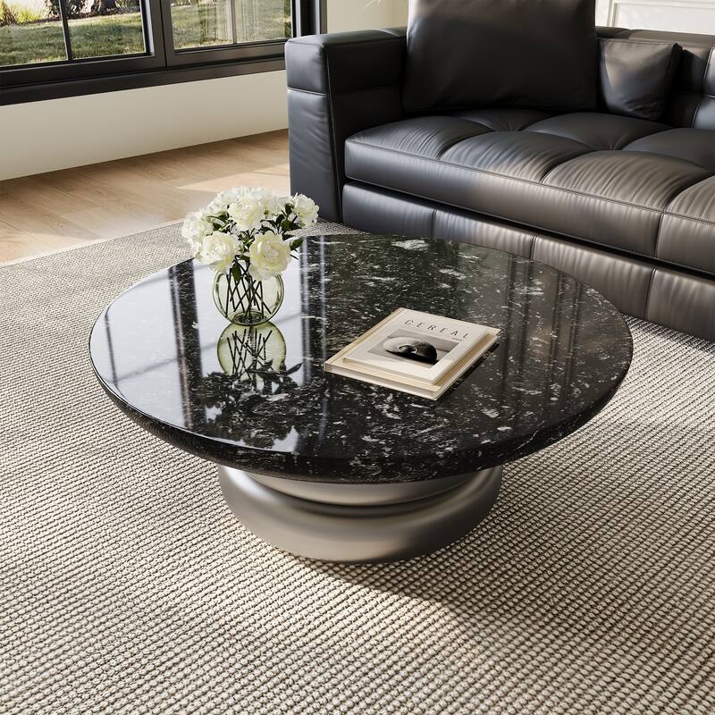35.43" Round Coffee Table, Black Faux Marble table top, Silver Wood Base