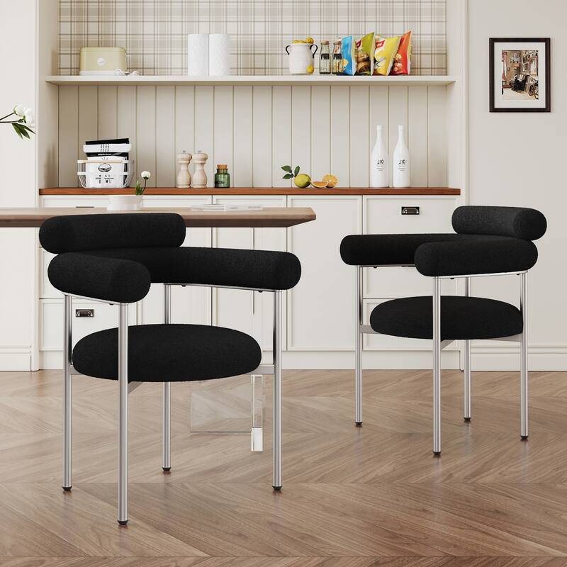 Modern Set of 2 Dining Chairs with Armrests, Padded Seat Backrest, Metal Legs for Dining Room Living Room and Café - Black