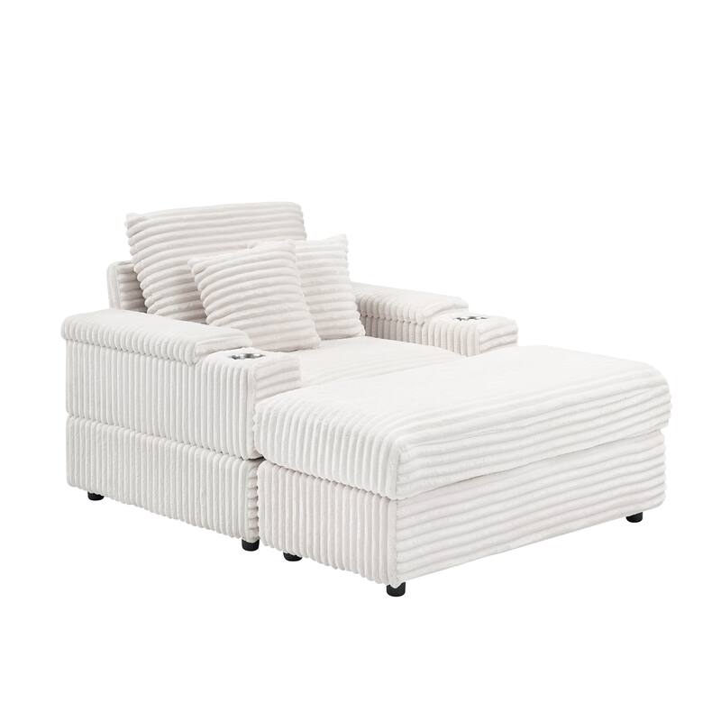 White Corduroy Single Sofa with Pillows and Ottoman
