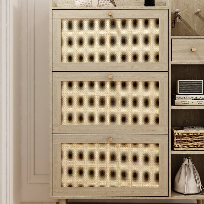 Natural Bohemia Style Shoe Cabinet with 3 Rattan Flip Drawers and 3 Cube Storage Shelves