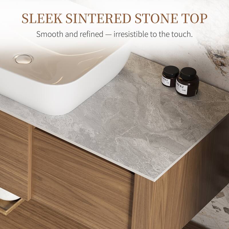 48"Mid Century Modern Wall-Mounted Bathroom Vanities,Single Sink,Brown Wood Texture with Sintered Stone Table top