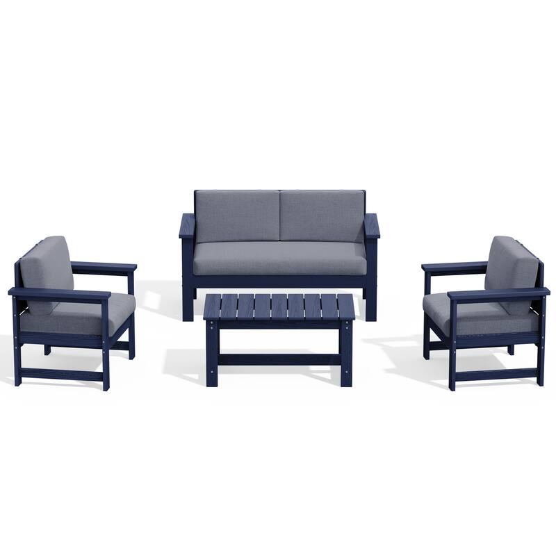 Outdoor Patio HDPE Sectional Sofa and Table Set, Removable Cushions Included, a Loveseat, 2 Single Sofas