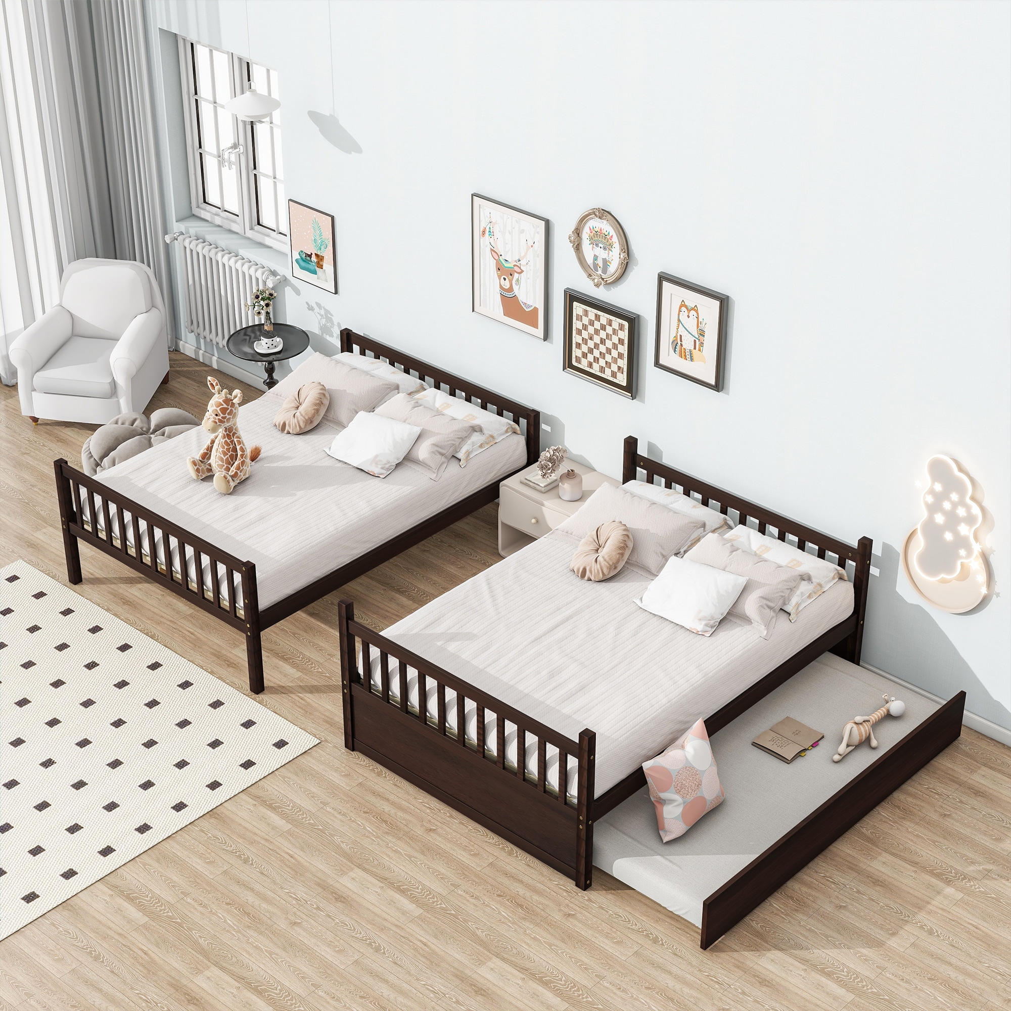 Full Over Full Rubber Wood Bunk Bed,Ladder and Guardrails,Convertible to 2 Full Size Beds,with Twin Size Trundle