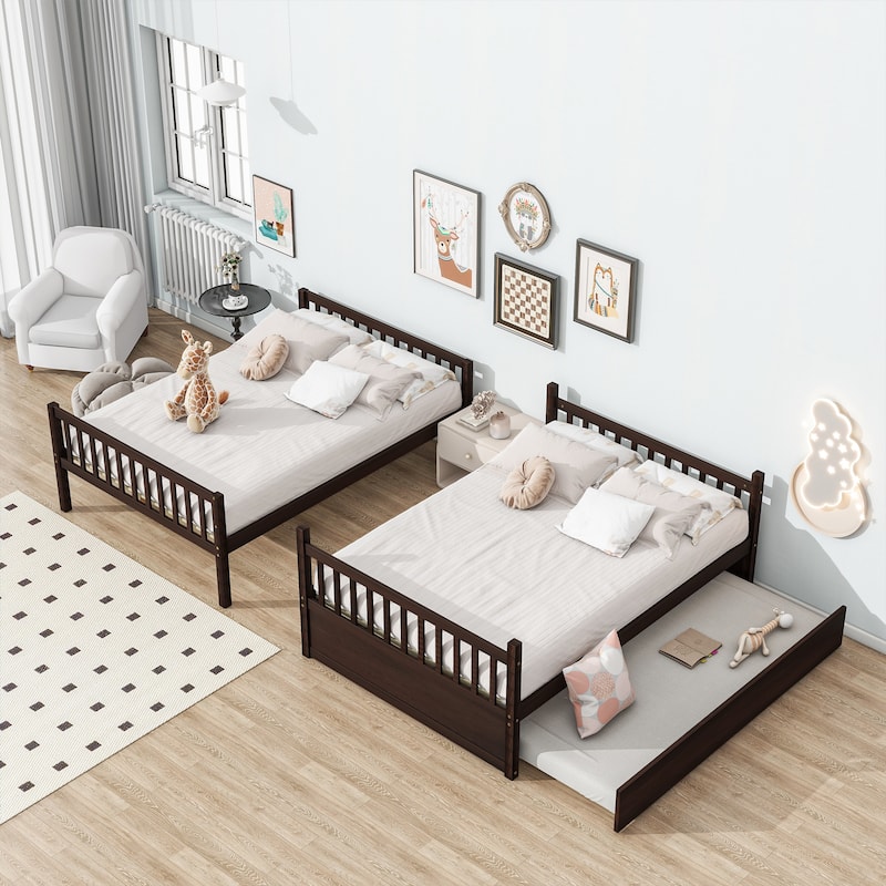 Full Over Full Rubber Wood Bunk Bed: Trundle, Ladder, Guardrails, Convertible to 2 Full Beds + Twin Trundle