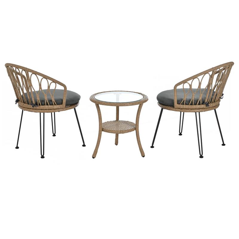 2 Rattan Single Chairs with A Glass Round Table - Grey and Natural Frame
