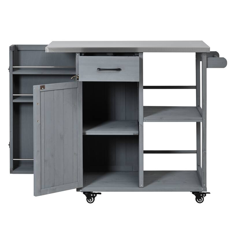Outdoor Fir Wood Kitchen Island Prep Station with Stainless Top, Ample Storage Space, Towel and Spice Racks